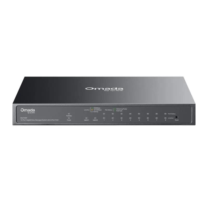 Tp Link Omada ES210GP 10-Port Gigabit Easy Managed Switch cu 8-Port PoE+, 8× 10/100/1000 Mbps PoE+ RJ45 Ports (support 802.3af PoE and 802.3at PoE+), 1× 10/100/1000 Mbps RJ45 Port, 1× Gigabit SFP/RJ45 Combo Port, capacitate switch 20 Gbps, negru