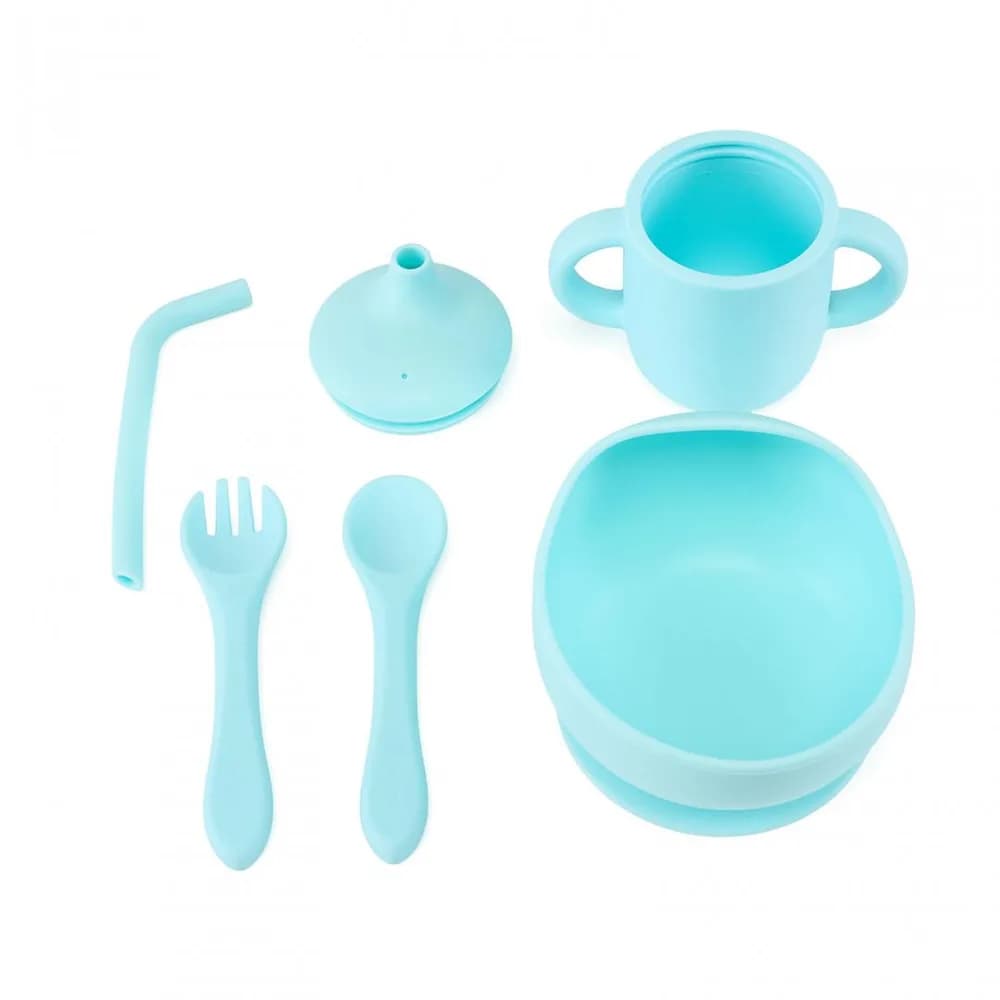 Set 4 piese diversificare din silicon: Cana cu pai, bol, lingurita si furculita, blue, U-Grow — miniatură