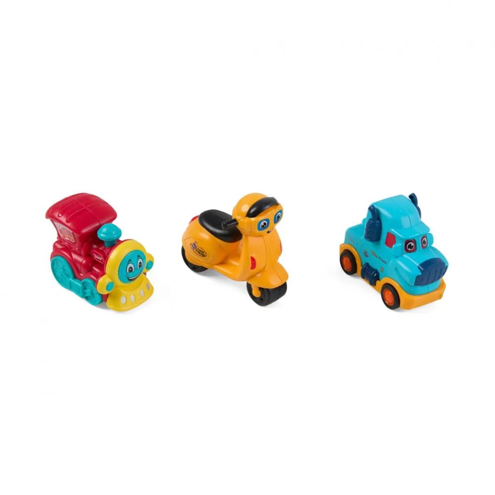 SET 3 VEHICULE ACTIONATE PRIN INERTIE- MASINUTA ALBASTRA, TREN ROSU, SCUTER GALBEN,MOMKI — miniatură