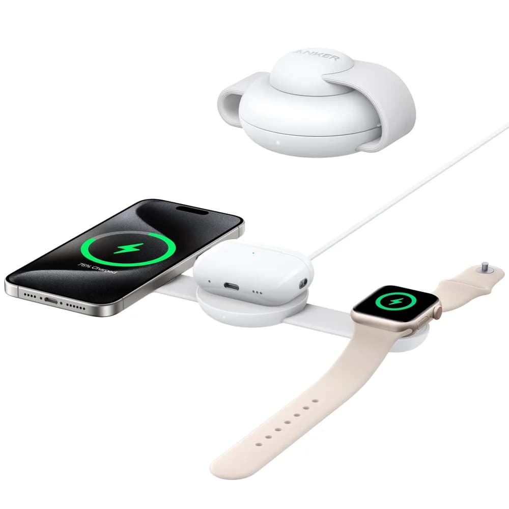 Stand cu incarcare wireless 3 in 1 Anker, MagGo 3-in-1, 15W, portabil, pliabil, fast charge, pentru iPhone seriile 12-16, Apple Watch, AirPods, 1 x USB-C incarcare, alb, "B25M8H21" - 0194644205928 — miniatură