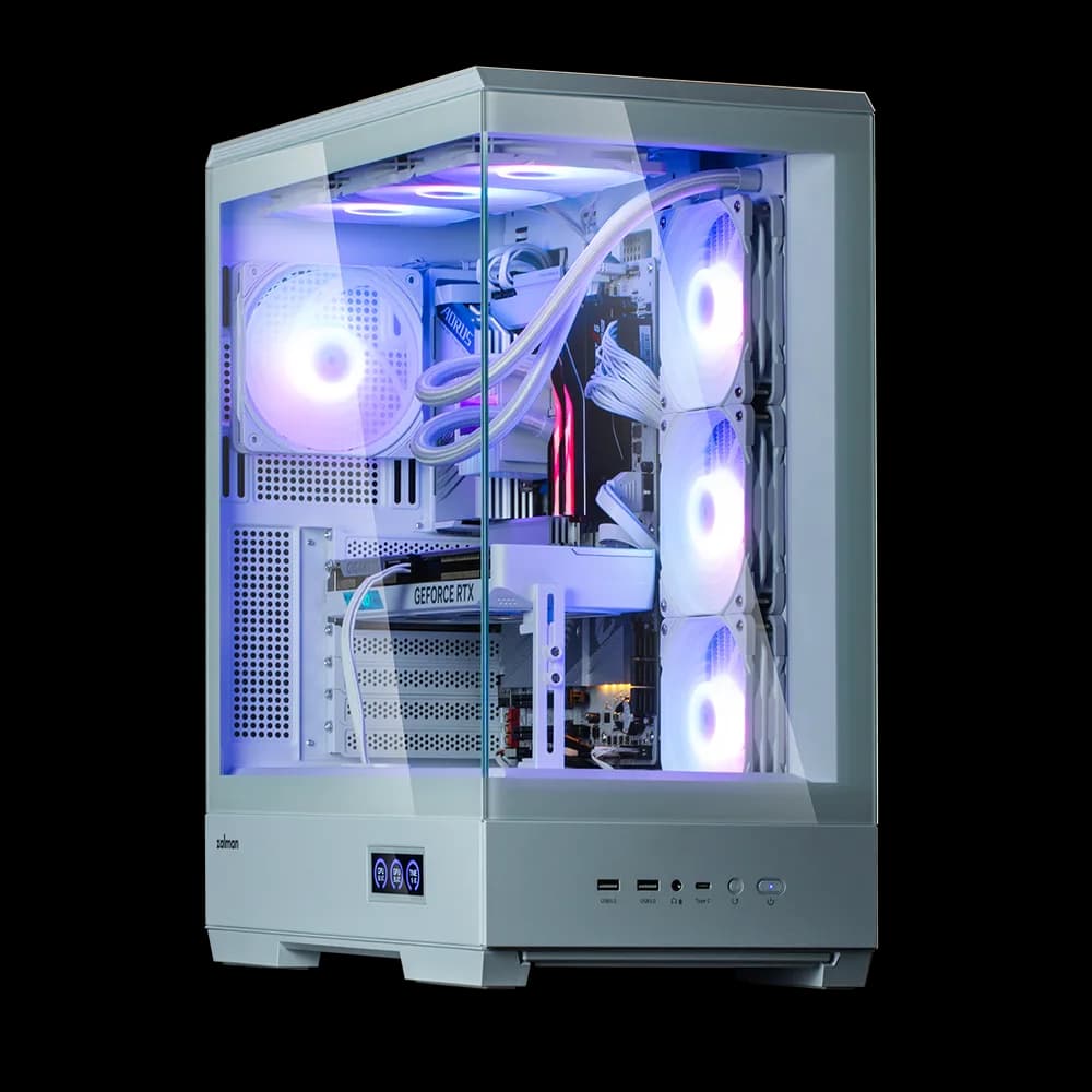 CARCASA Zalman "P50 DS", middle tower, gaming, fara sursa, suporta 10xfan, 4xfan inclus, PSU shroud, afisaj electronic, USB Type-C x 1, USB 3.1 gen1 x 2, audio+mic, 7 sloturi expansiune, alb, "P50 DS White" — miniatură