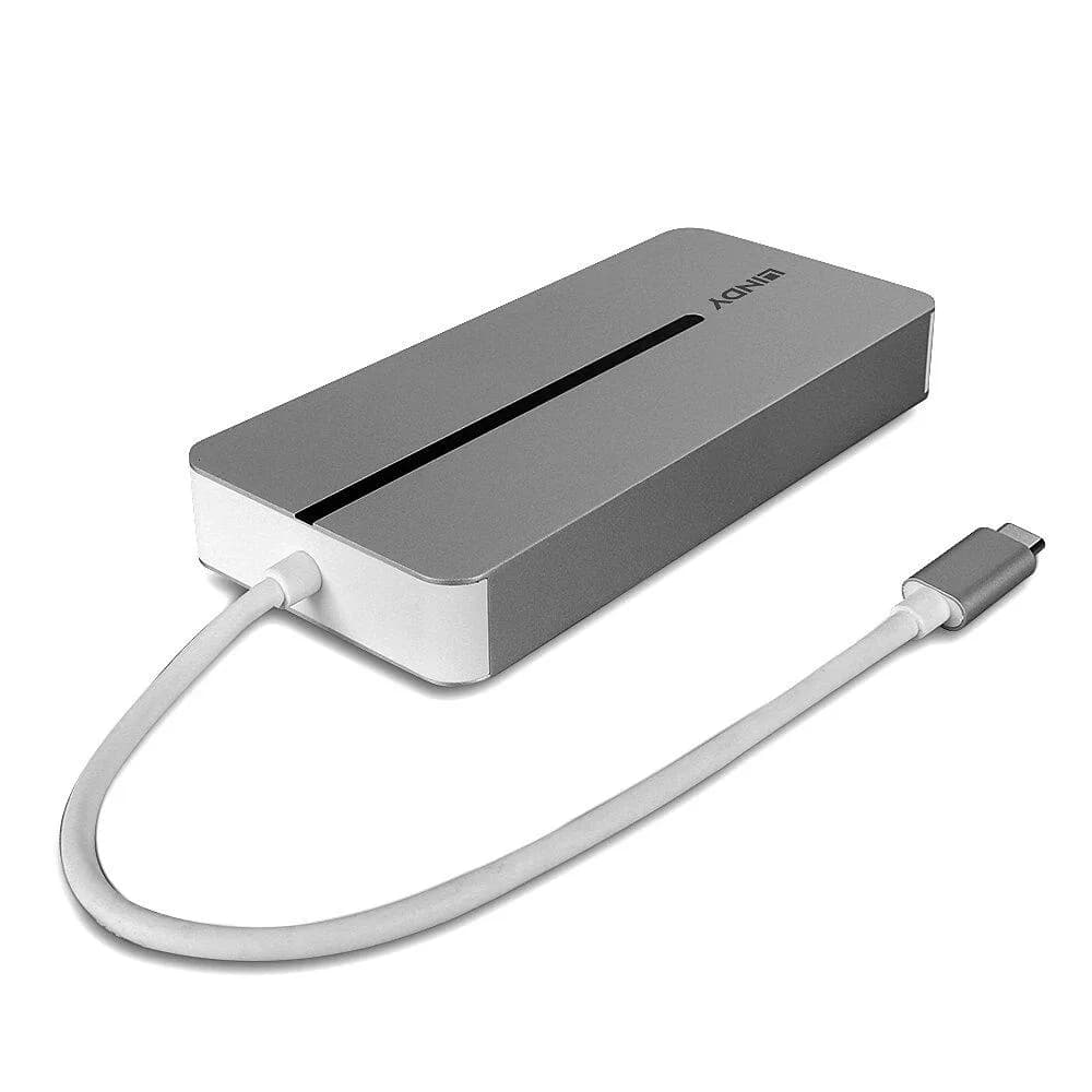 Hub USB LINDY DST-Mx Duo, USB-C, 10 porturi, HDMI, RJ-45, Argintiu — miniatură