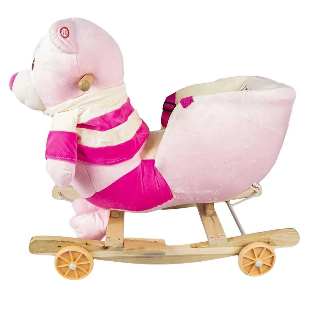 Balansoar pentru bebelusi, Ursulet, lemn + plus, cu rotile, roz, 55 cm — miniatură