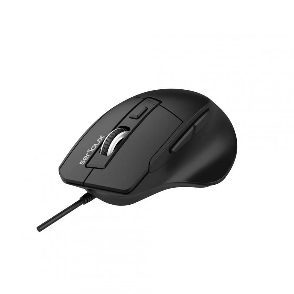 Mouse optic cu fir Serious USB 6D, Culoare neagra, Design ERGO Complet negru cu capac superior din cauciuc, 6 butoane DPI: 1200-1800-2400-3600DPI, Cablu PVC negru de 1,5 m, Ambalaj OEM în cutie de culori — miniatură