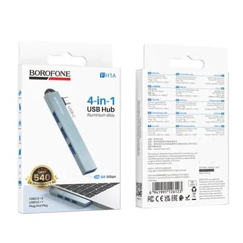 HUB extern Borofone "FH1", conectare PC prin USB 2.0 la: USB 2.0 x 3 si USB 3.0 x 1, metalic, argintiu, "6941991126123"