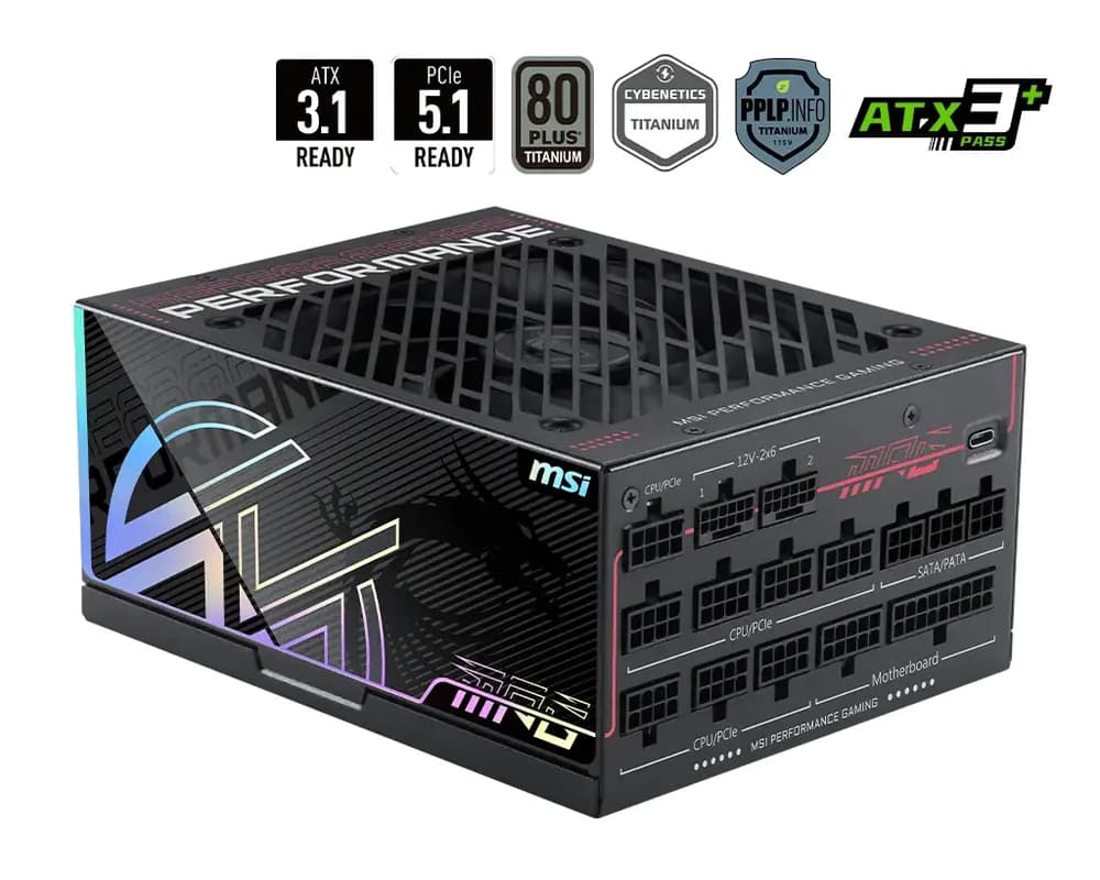 Sursa MSI MPG Ai1300TS PCIE5, 1300W, 80+ Platinum, Full Modulara, ATX 3.1, PCIe 5.1, Negru "MPG AI1300TS PCIE5"
