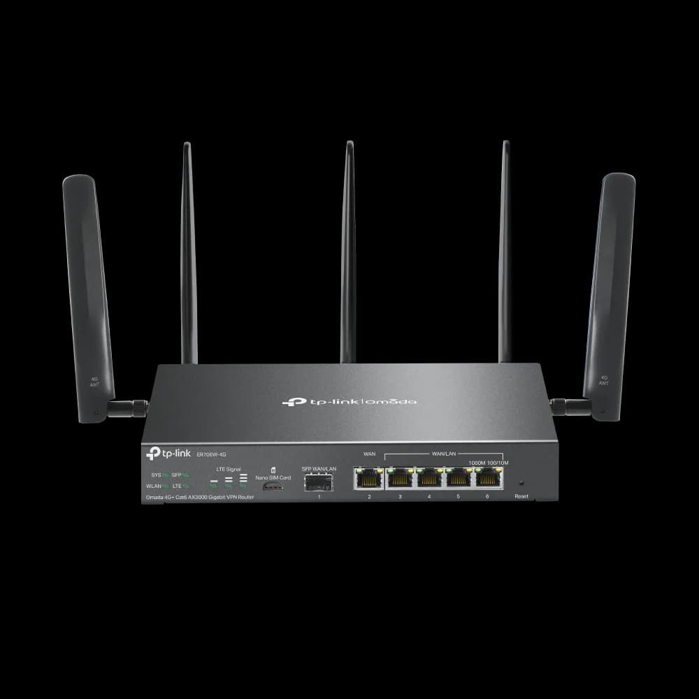 "Omada 4G+ Cat6 AX3000 Gigabit VPN Router PORT: 1× Gigabit SFP WAN/LAN Port, 1× Gigabit RJ45 WAN Port, 4× Gigabit WAN/LAN RJ45 Ports, 1 Nano SIM slot (4G+ Cat6) SPEED: 574Mbps at 2.4 GHz + 2402 Mbps at 5 GHz (HE160) Wi-Fi Speed, 300 Mbps Download LTE Speed FEATURE: Integration with Omada SDN