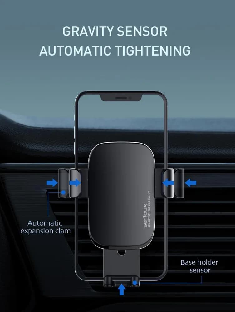 Suport auto telefon Gravity Serioux CH03, Material: ABS+ aluminium, mod de instalare: tip cataramă, poziție de fixare: aerisire, culoare: negru, potrivit pentru: telefon mobil — miniatură