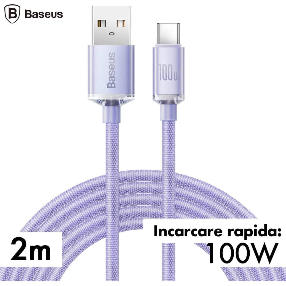 CABLU alimentare si date Baseus Crystal Shine, Fast Charging Data Cable pt. smartphone, USB la USB Type-C 100W, 2m, braided, mov "CAJY000505" - 6932172602857