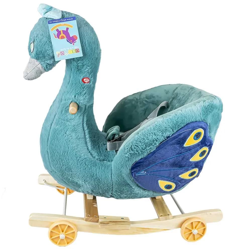 Balansoar pentru bebelusi, Paun, lemn + plus, cu rotile, 66 cm — miniatură
