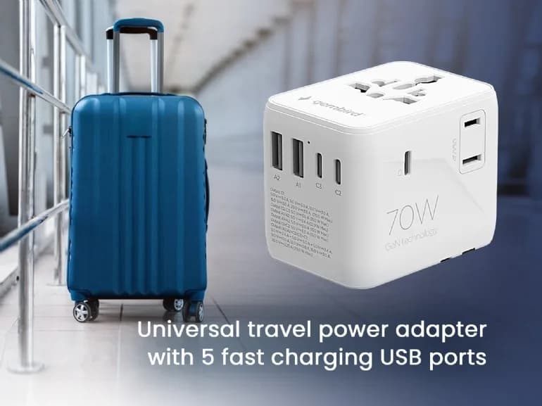 ADAPTOR GEMBIRD, universal, conectori: US/UK/EU/AU, 2x USB Type-C PD 70W, 2x USB-A 15W, siguranta 10A, max. 2500W, alb, "TPA-2A3C70-01-W" — miniatură