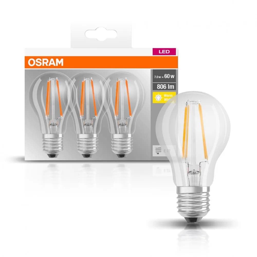 3 Becuri LED Osram Base Classic A, E27, 7W (60W), 806 lm, lumina calda (2700K), cu filament — miniatură
