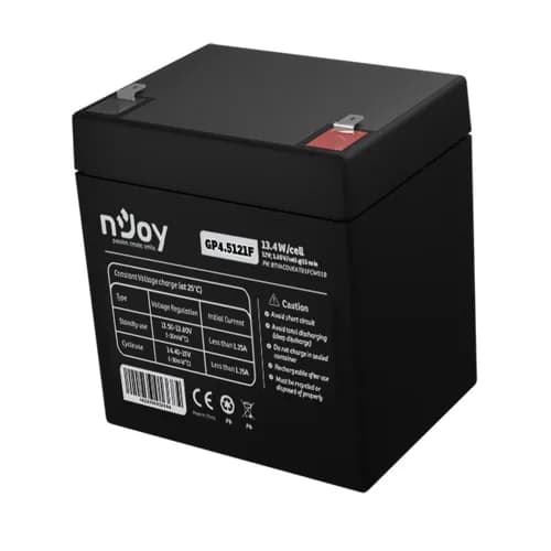 Acumulator nJoy GP4.5121F 12V Capacitate 14,95W/cell evaluat la 1.65V/cell @ 15 min, Tensiune 12V, Tip VRLA, Caracteristici Sigilata complet si fara intretinere, Peste 260 de cicluri la 100% DOD, Utilizare standard 3-5 ani, Auto-descarcare redusa, Conectori : F1 - Faston Tab 187 — miniatură