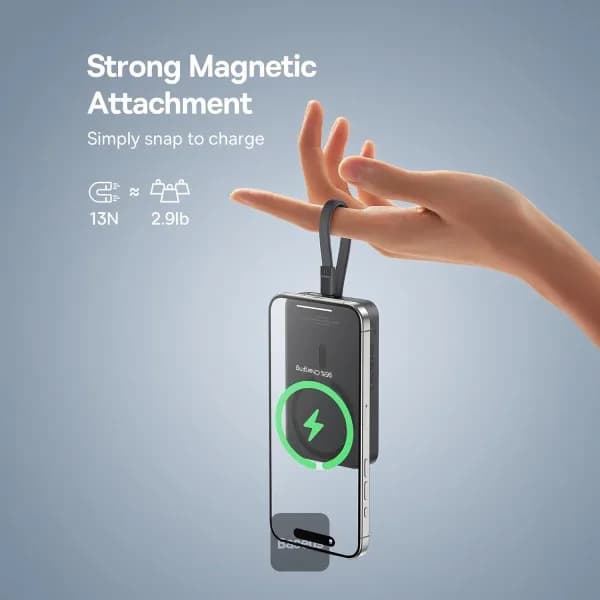 POWER BANK Baseus Magnetic Mini Wireless, 10000mAh, 30W, 2 x USB Type-C output/input, 15W wireless charging, cablu integrat USB Type-C, negru, "P1002210B113-00" - 6932172642785 — miniatură