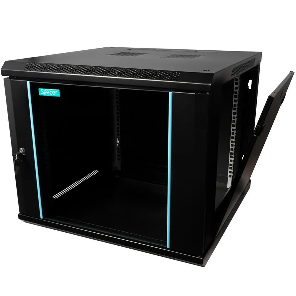 CABINET 19″ SPACER 9U 600x600mm, fixare pe perete, Flatpack (dezasamblat), Black, usa sticla cu blocare, panouri detasabile, otel 1.5mm, sarcina maxima 60Kg — miniatură