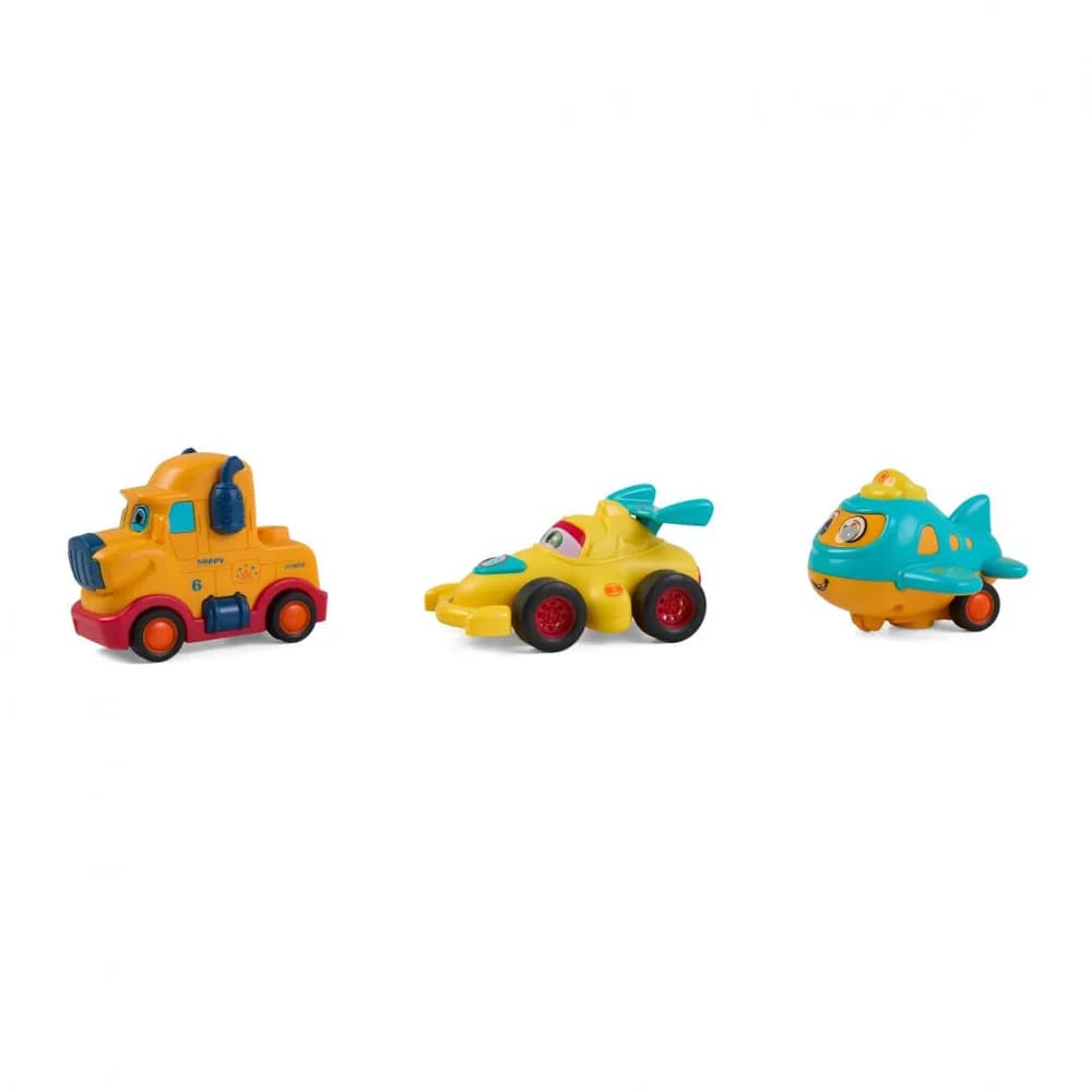 SET 3 VEHICULE ACTIONATE PRIN INERTIE- CAMION GALBEN, MASINA DE CURSE GALBENA, AVION ALBASTRU,MOMKI — miniatură