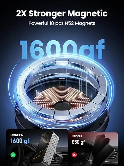SUPORT AUTO si INCARCATOR wireless Ugreen, "W708" magnetic, incarcare maxim 15W, prindere grilaj ventilatie, negru "35970" - 6941876239702 — miniatură