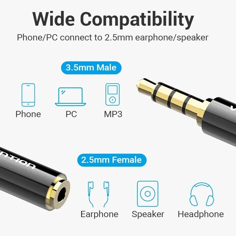 Adaptor audio Vention, Jack 3.5mm (T) la Jack 2.5mm (M), 2.1 canale, conectori auriti, negru, "BFBB0" — miniatură