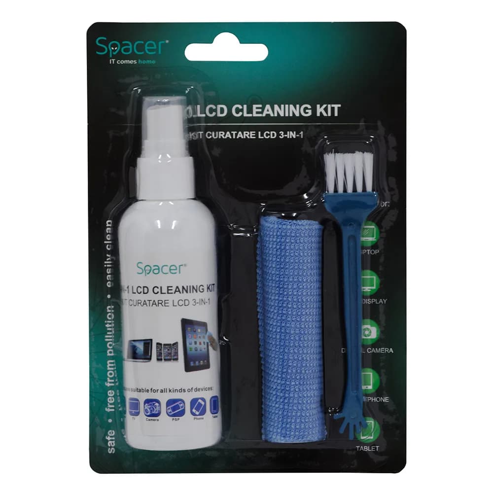 KIT curatare LCD 3-in-1 Spacer, solutie curatare 100ml, pensula, servetel microfibre, 45507055 "SP-CL-01" — miniatură
