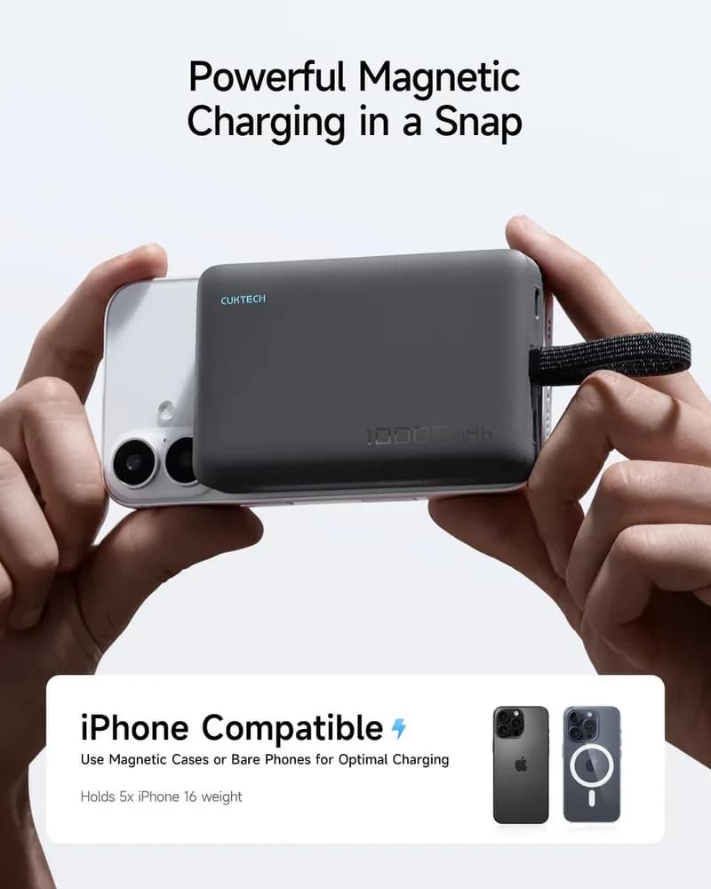 POWER BANK Cuktech Magnetic, 10000mAh, 20W, cablu integrat USB Type-C, gri "CKWPB100LGLBK" — miniatură