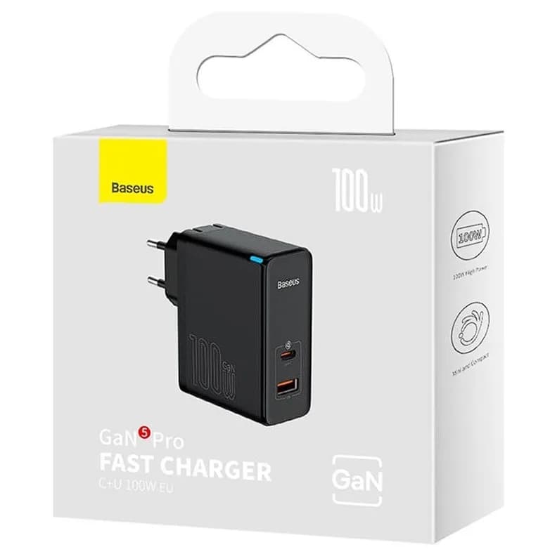 INCARCATOR retea Baseus GaN5 Pro, Quick Charge 100W, 1 x USB, 1 x USB Type-C, include cablu USB Type-C la USB Type-C 100W 1m, negru "CCGP090201" - 6932172608958 — miniatură