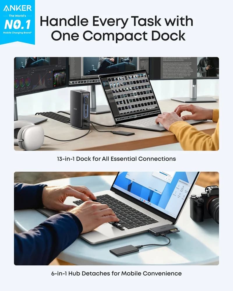 DOCKING Station Anker Nano 13-in-1, porturi: 3 x USB-C, 3 x USB-A, 2xHDMI, 1xDisplay port, RJ-45 1Gbps, SD,TF, mini HUB 6-in-1 detasabil, conectare prin USB-C, retea, gri, "A83C3311" ( - 0194644273842 — miniatură