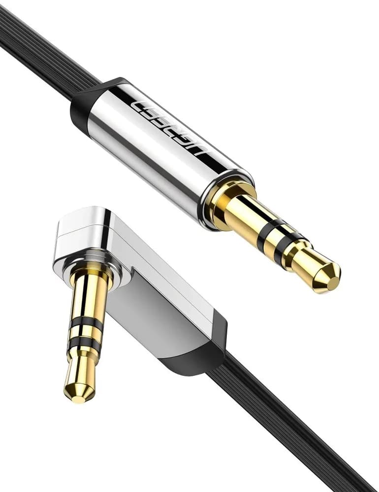 CABLU audio Ugreen, "AV119" stereo (3.5 mm jack T/T), conectori auriti, design slim, unghi 90 grade la un capat, 1m, negru "10597" - 6957303815975