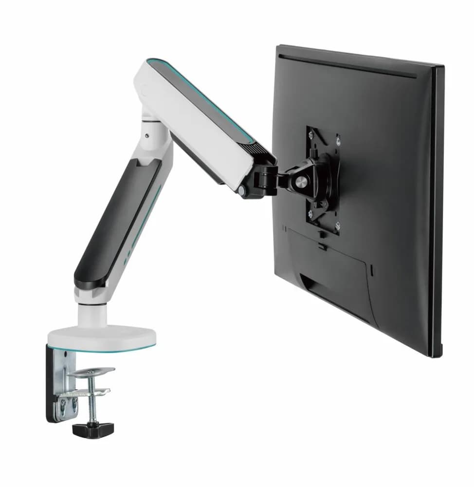 Suport monitor Serioux SRXA-MM54-C012WH, Material: Oțel, Aluminiu, Plastic, Suprafață finisaj : acoperire cu Pulbere, tehnologie arc, Culoare: Alb Texturat Fin, Gri Spațial Dimensiune compatibila ecran: 27"-45", Greutate maxima (pe ecran): 5~14 kg, Greutate maxima: 5~12 kg — miniatură