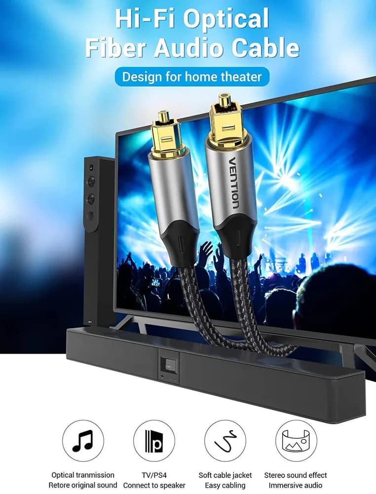 Cablu optic audio Vention, S/PDIF (T) la S/PDIF (T), 5.1 canale, 1.5m, conectori auriti, gri, "BAVHG" — miniatură