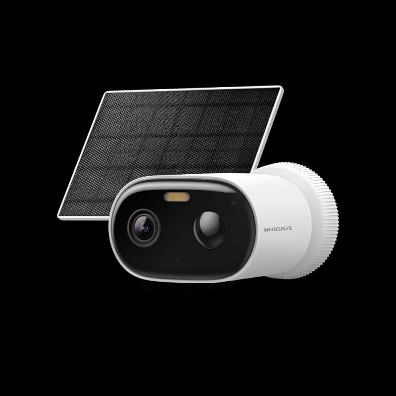 Solar-Power Security Camera Kit SPEC: 2K Resolution (2304×1296), Bullet Camera, Built-in Microphone and Speaker, Color Night Vision, 2.4 GHz & 5 GHz Wi-Fi, 5 W Max Charging Power, IP65 FEATURE: MERCUSYS APP, Smart Detection and Notifications (Motion and Person), Customizable Activity Zone, Sound and