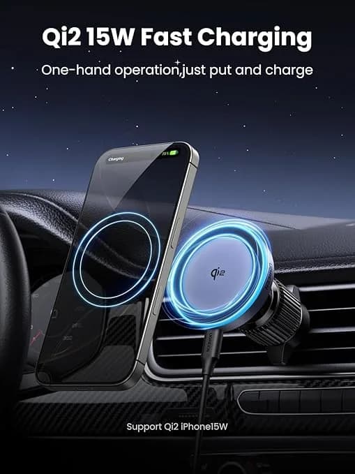 SUPORT AUTO si INCARCATOR wireless Ugreen, "W708" magnetic, incarcare maxim 15W, prindere grilaj ventilatie, negru "35970" - 6941876239702 — miniatură