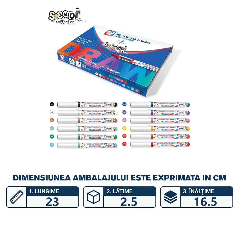 Markere cu vopsea acrilica, varf tip pensula, 12 buc/set - S-COOL — miniatură