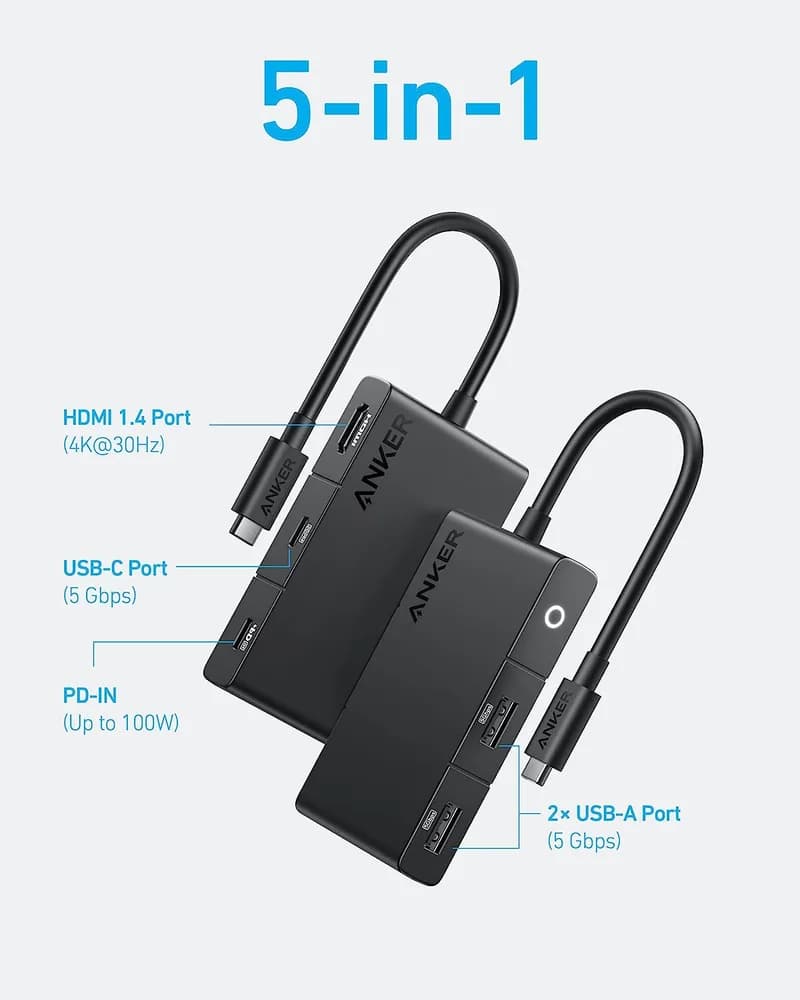 DOCKING Station Anker 5-in-1, porturi: HDMI(M) 4K 30Hz,2xUSB 3.2 gen1, USB Type-C,PD 100W,conectare prin USB Type-C(T),rata transfer 5Gbps, ABS, negru "A8356G11"-0194644125639 — miniatură