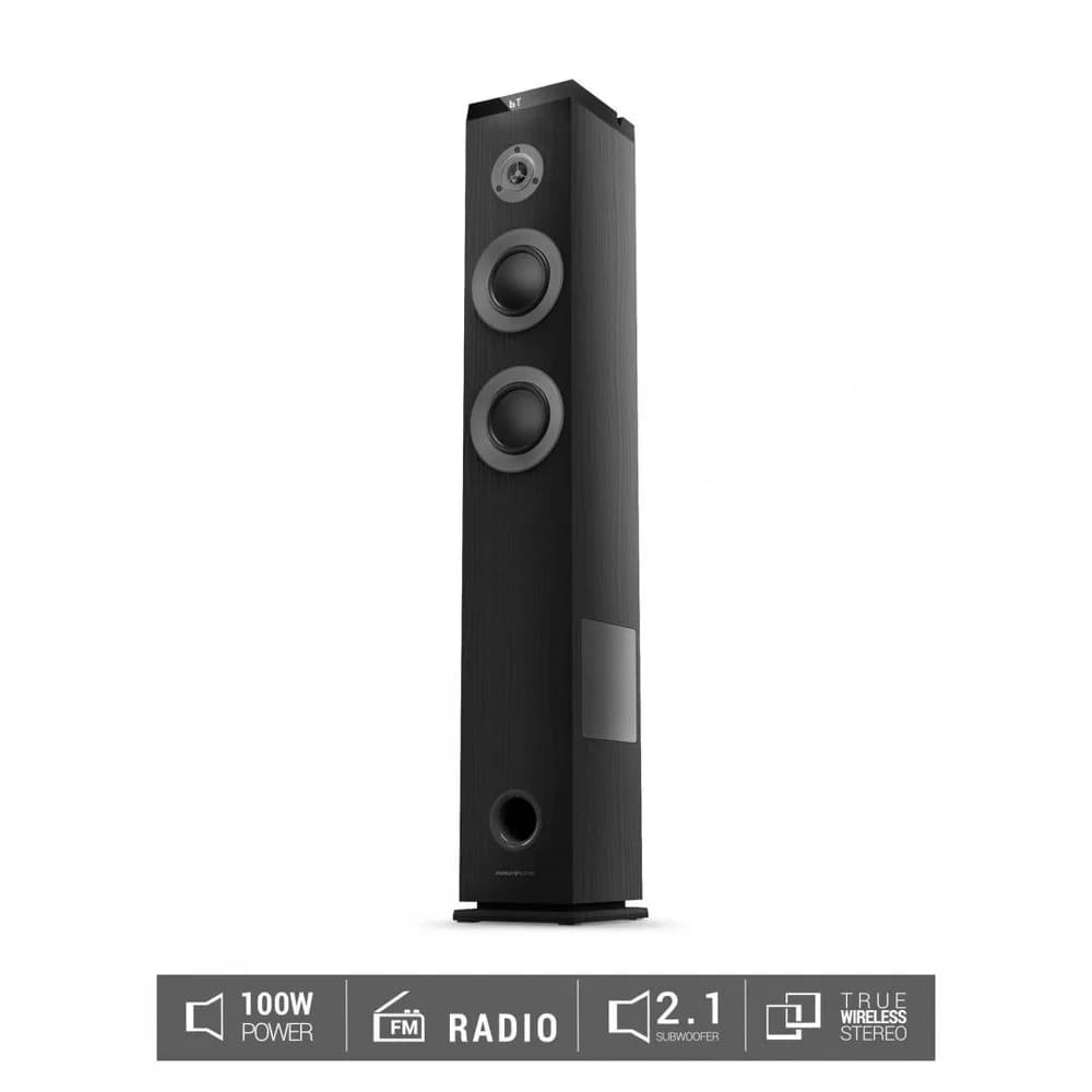 Sistem Audio 2.1 Energy System Tower 5 MAX, bluetooth 5.3, interfata jack 3.5mm, putere: 100W, frecventa raspuns 40 Hz ~ 18 kHz, frecventa FM: 87,5 - 108 MHz, ecran/afisaj: LED, suport card de memorie: microSD si stick-uri USB pana la 128 GB, include telecomanda, material: lemn, dimensiuni — miniatură