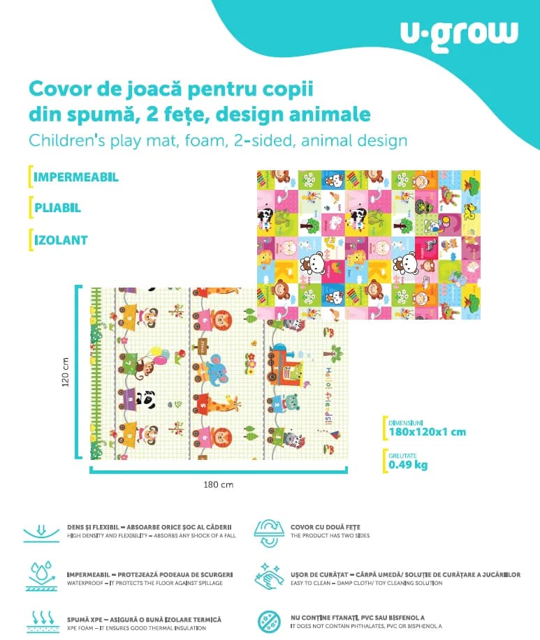 Covor de joaca pentru copii U-Grow, din spuma, pliabil, 2 fete, impermeabil, izolant, 180 x 120 x 1 cm, design animalute — miniatură