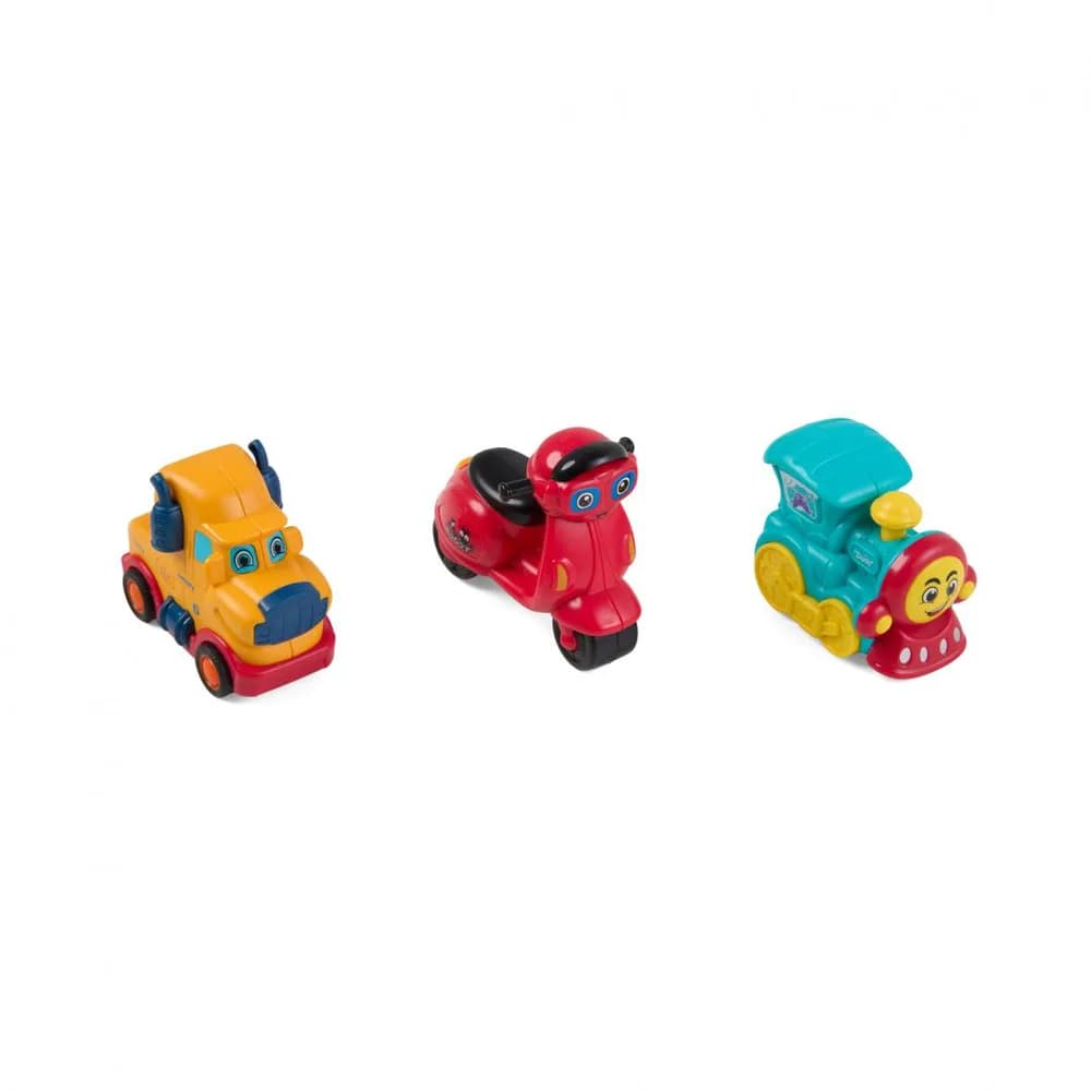 SET 3 VEHICULE ACTIONATE PRIN INERTIE- MASINUTA GALBENA, SCUTER ROSU, TREN ALBASTRU, MOMKI — miniatură