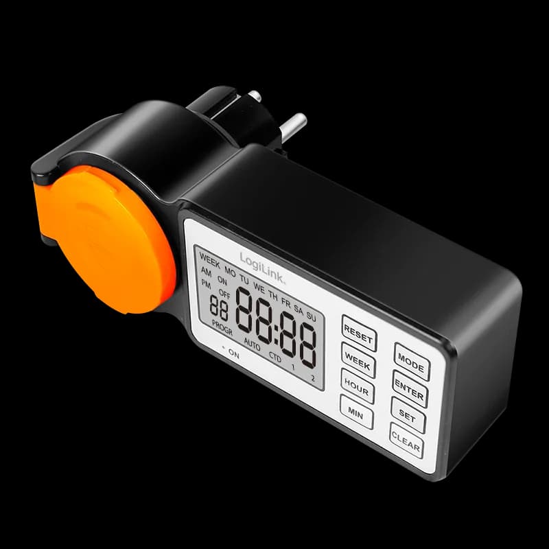 PRELUNGITOR LOGILINK, Schuko x 1, 230 V/16 A, 50 Hz, max. 3500 W, timer, LCD, 8 butoane operare, IP44, de exterior, negru-portocaliu, "ET0016" — miniatură