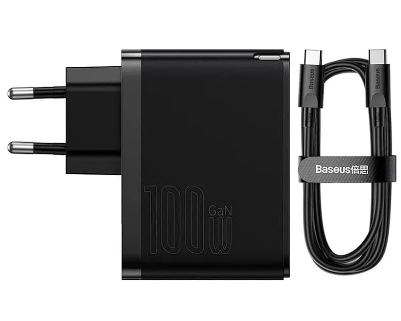 INCARCATOR retea Baseus GaN5 Pro, Quick Charge 100W, 1 x USB, 1 x USB Type-C, include cablu USB Type-C la USB Type-C 100W 1m, negru "CCGP090201" - 6932172608958