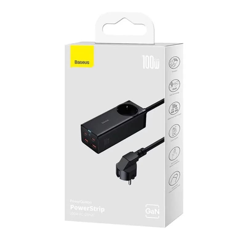 INCARCATOR RETEA Baseus GaN3 Pro Powerstrip,QC 100W,1xAC,2xUSB Type-C Output 5V/3A,2 x USB,include cablu USB Type-C la USB Type-C 100W, 1m, negru "PSZM000401" - 6932172604233 — miniatură