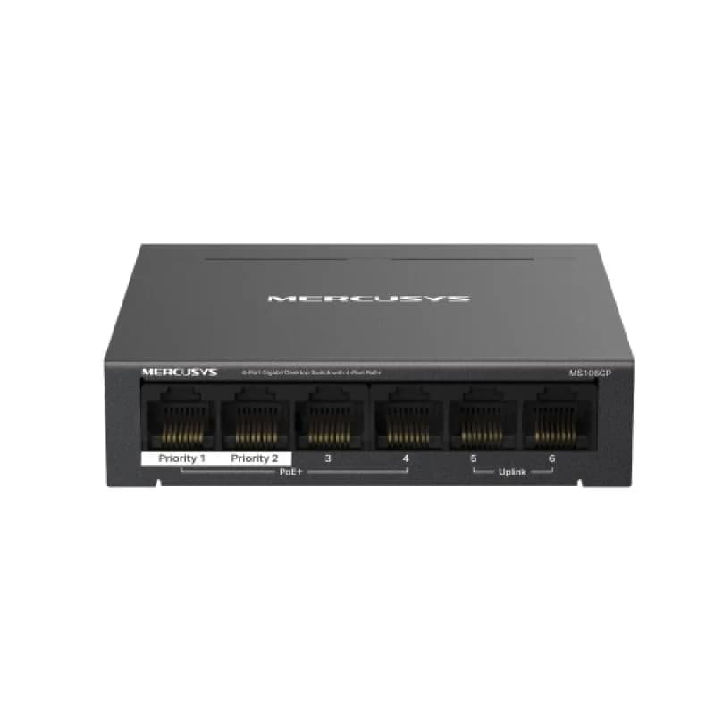 6-Port Gigabit Desktop Switch with 4-Port PoE+ PORT: 4× Gigabit PoE+ Ports, 2× Gigabit Non-PoE Ports SPEC: Compatible with 802.3af/at PDs, 65 W PoE Power, Desktop Steel Case, Wall Mounting FEATURE: Extend Mode for 250m PoE Transmitting, Priority Port 1-2, Isolation Mode, PoE Auto Recovery, Plug and