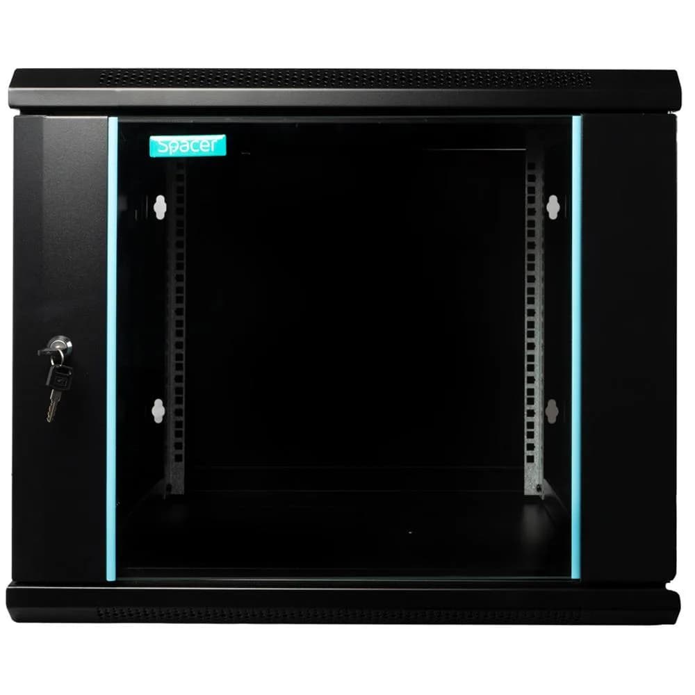 CABINET 19″ SPACER 9U 600x600mm, fixare pe perete, Flatpack (dezasamblat), Black, usa sticla cu blocare, panouri detasabile, otel 1.5mm, sarcina maxima 60Kg — miniatură