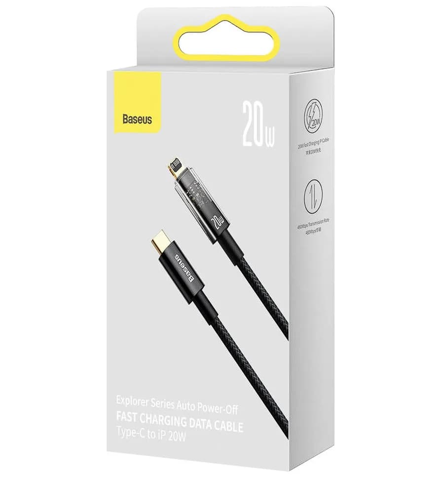 CABLU alimentare si date Baseus Explorer, Fast Charging Data Cable pt. smartphone, USB Type-C la Lightning 20W, 2m,Auto Power-Off,negru transparent "CATS000101" -6932172605681 — miniatură