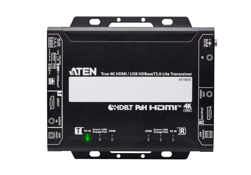 Video Extender Aten 4K HDMI/USB HDBaseT; Tipul: Emițător & receiver AV, Rezoluţia maximă: 4096 x 2160 Pixel, Maximă de transfer de la distanţă: 40 m. Tehnologia de conectare: Prin cablu, Conector USB: USB Tip-A, USB Tip-B. Tip de sursă de curent: DC, Consum energie (TX): 6,01 W, Consum energie (RX)