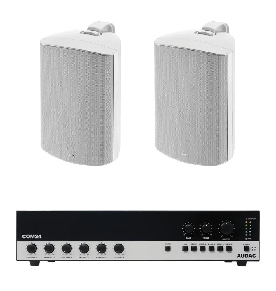 Pachet Sonorizare Terasa 240W pe 100V cu amplif. AUDAC COM24MK2 si 2x boxe Focal 100 OD8-T alb - TG26