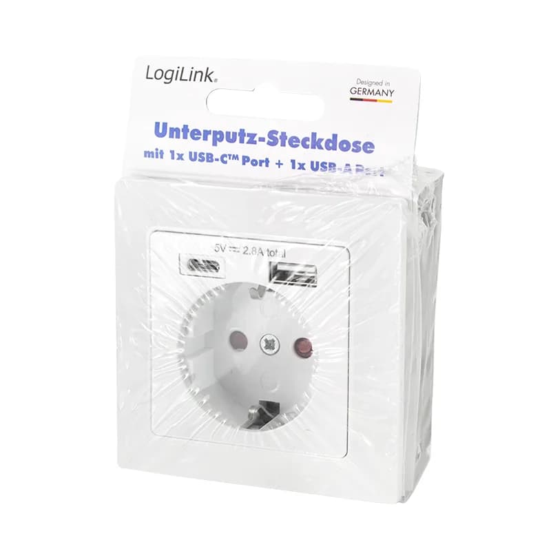 PRIZA LOGILINK, pentru perete, Schuko x 1, USB x1 / USB-C x 1 5 V/2.8 A max, 230 V AC, 50 Hz, alb "PA0262" (include TV 0.18lei) — miniatură