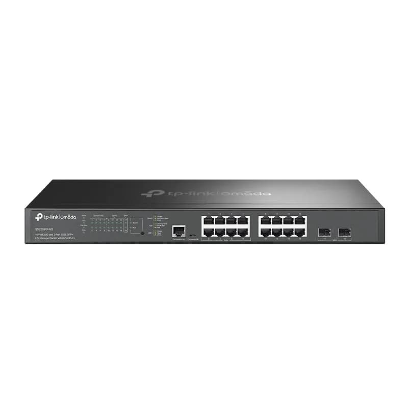 Omada 16-Port 2.5GBASE-T and 2-Port 10GE SFP+ L2+ Managed Switch with 8- Port PoE+ PORT: 8× 2.5G PoE+ Ports, 8× 2.5G Non-PoE Ports, 2× 10G SFP+ Slots, RJ45/Micro-USB Console Port SPEC: 802.3at/af, 240 W PoE Power, 1U 19-inch Rack-mountable Steel Case FEATURE: Integration with Omada SDN