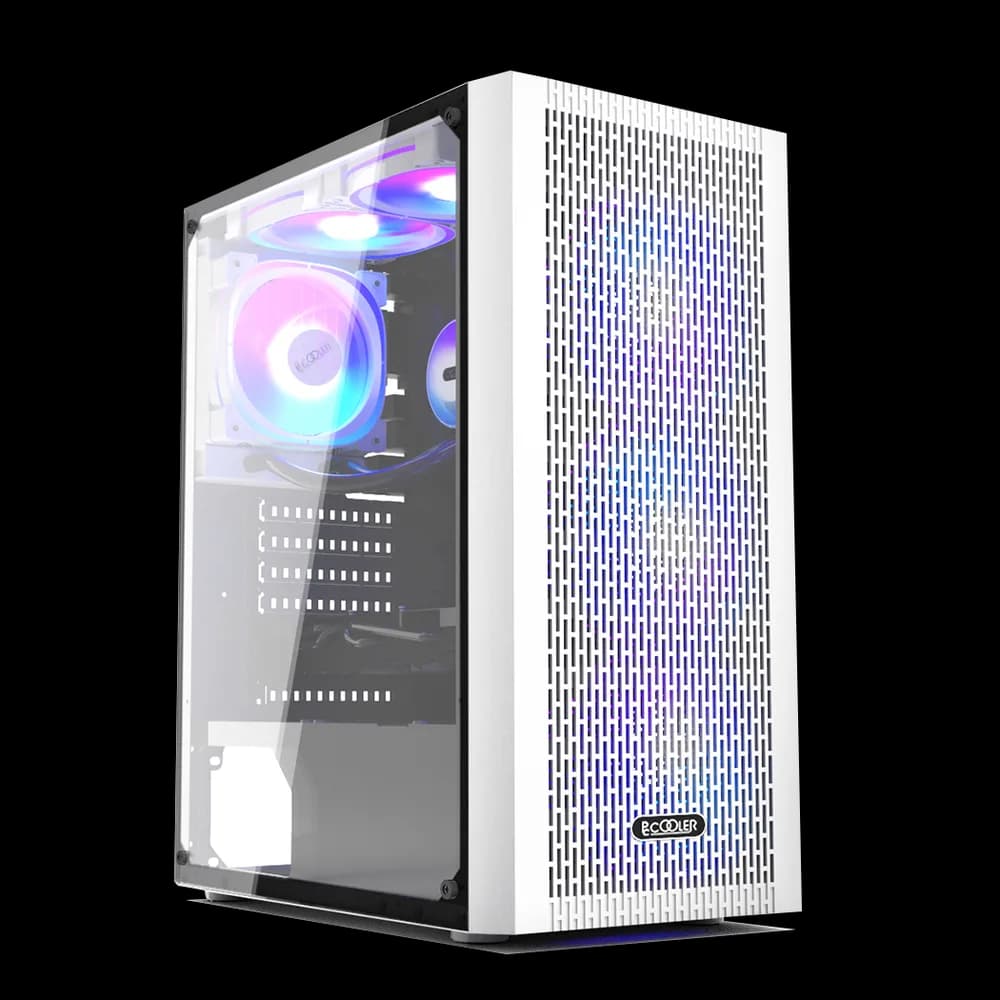 CARCASA PCCOOLER, Middle Tower, ATX, fara sursa, sticla securizata, 3 ventilatoare incluse, iluminare ARGB, alb, USB 3.2 gen 1 x 1, USB 2.0 x 2, mic, audio, "MA100 MESH W"