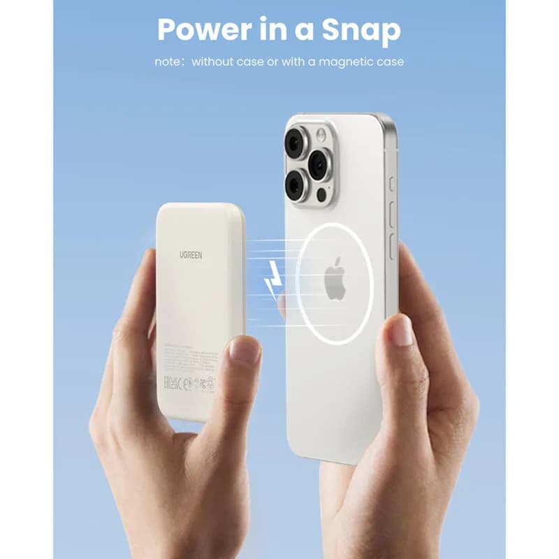 POWER BANK Ugreen "PB560", 5000mAh, 15W, prindere magnetica Iphone 12 and later, 1 x USB Type-C input/output, bej, "25207" - 6941876222070 — miniatură