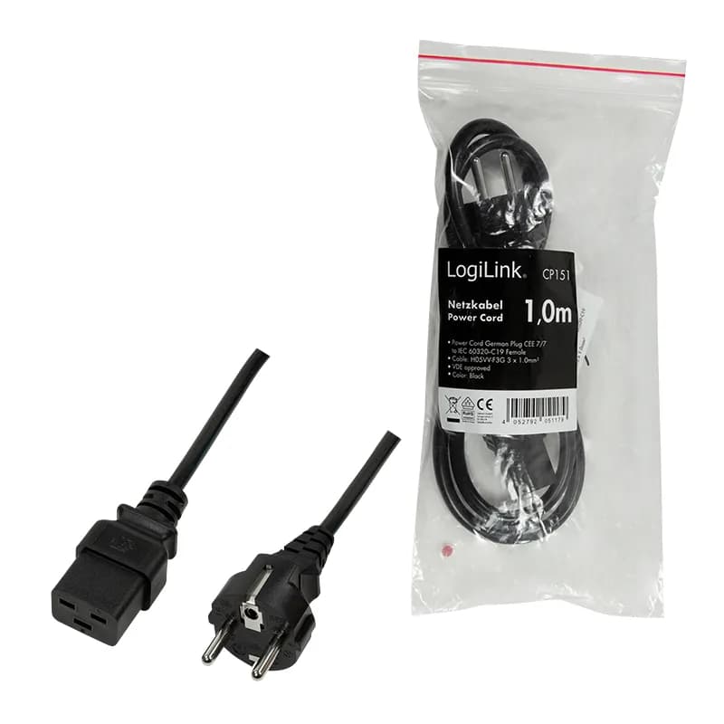 CABLU alimentare LOGILINK 1m, intrare Schuko, iesire C19, 16A, testat VDE, 3x1mm, black, "CP151" — miniatură