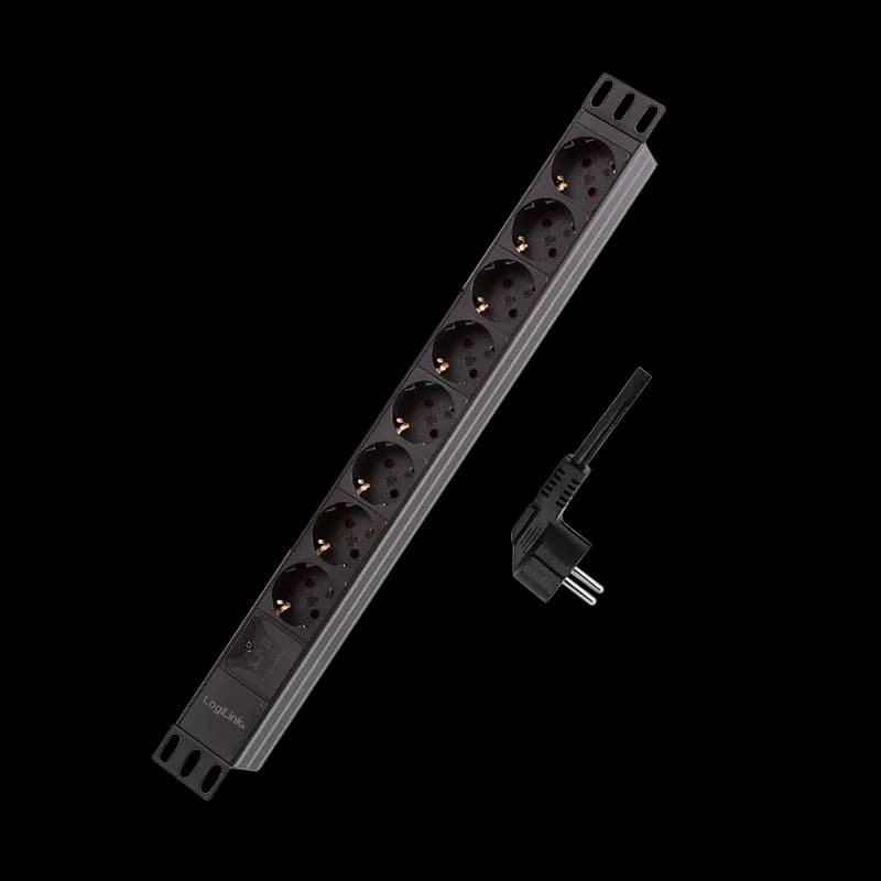 PDU LOGILINK 1U pt. rack 19 inch, 8 prize Schuko, intrare Schuko, max 16 A, prot. suprasarcina, IP20, 2 m, negru, "PDU8C04" — miniatură